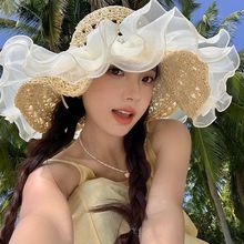 欧根纱珍珠草帽女2024夏季新款大帽檐遮阳太阳帽子海边沙滩防晒帽