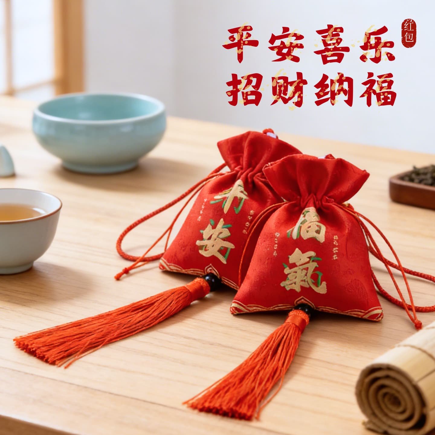 2026新年红色平安喜乐招财纳福首饰袋抽绳流苏喜庆吉祥双面图案