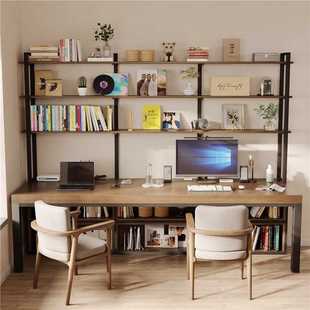 现代简约全实木双人电竞桌长条电脑桌书桌书架一体学生家用手工桌