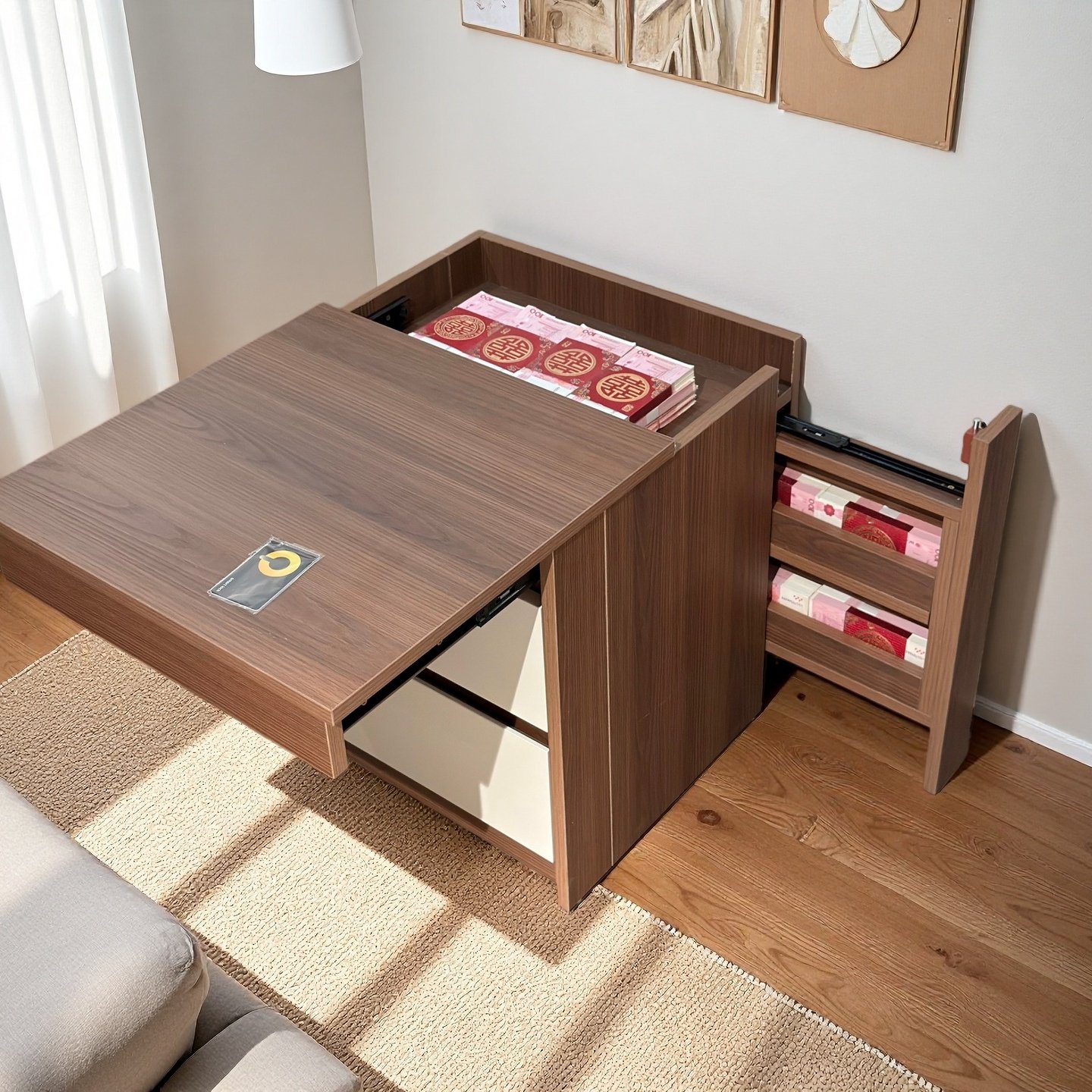 现代简约智能解锁双暗格保险柜实木防盗设计储物收纳柜简易撞色型,住宅家具,床头柜,淘宝优惠券,粉丝福利购,淘宝优惠卷