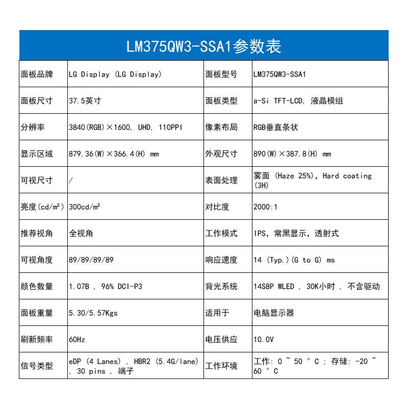 LG37.5寸液晶屏 LM375QW3-SSA1液晶模组 3840*1600曲面显示器屏幕