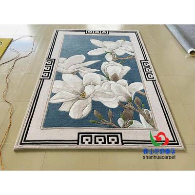 中手国风象海棠园抽花朵蓝色工毛客厅1174羊茶几地毯书房卧室大厅