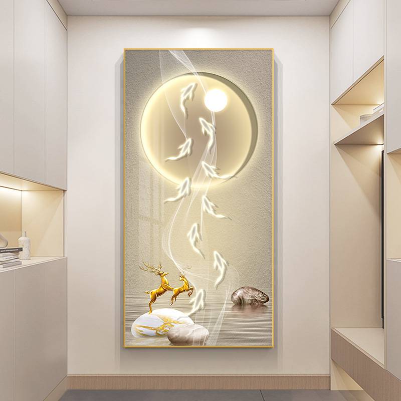 福鹿进门玄关装饰画现代轻奢走廊过道挂画寓意好入户客厅竖版壁画图片