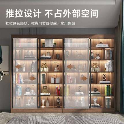 门书柜书架一体靠墙到推顶式玻璃SG-003门中实木书柜拉大书橱带灯