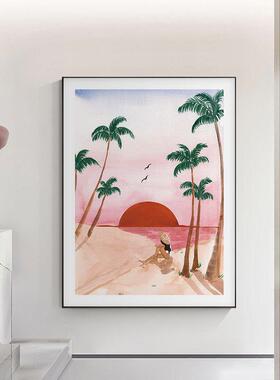 夏威热带风景植物手绘店森林池装饰画酒样夷板泳房20230407客厅卧