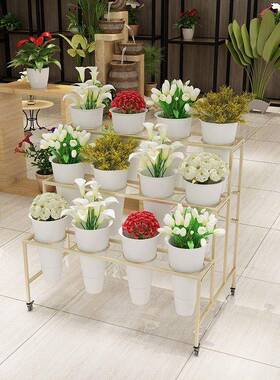 大号花店花架可鲜花展示架铁艺多层货架塑料移动带万向PFS23544轮