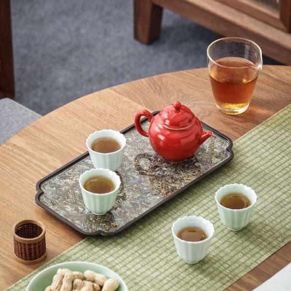 大漆电木螺细长方形托盘家用干泡茶盘珐琅彩隔热垫漆器轻奢小茶台