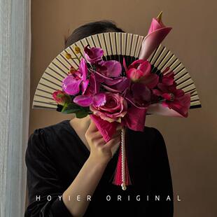 中式新娘手捧花结婚团扇婚礼创意花球彷真花扇子婚纱照摄影道具