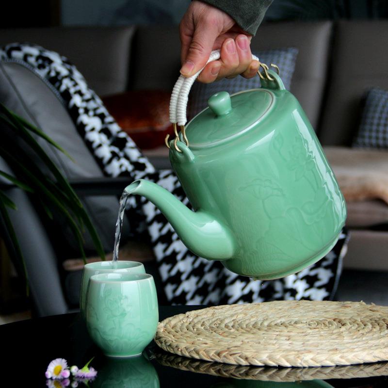 小利青瓷陶瓷大容量泡茶壶冷水壶客厅家用提梁壶2..2L莲花凉水壶