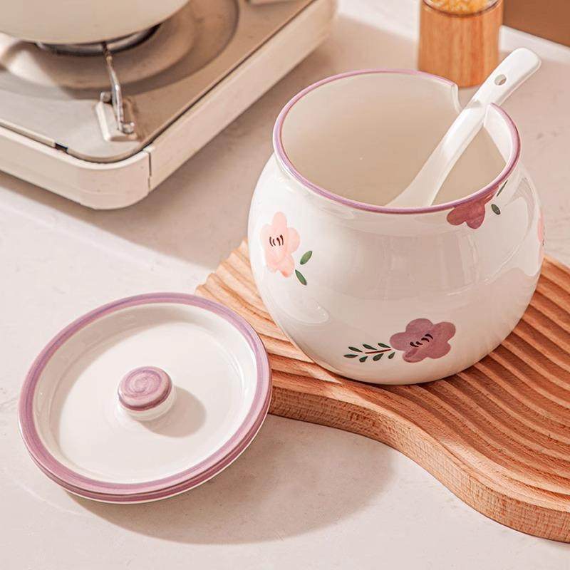 99N紫萱花猪油罐耐高温陶瓷家用带盖荤油罐厨房储油罐大容量辣椒