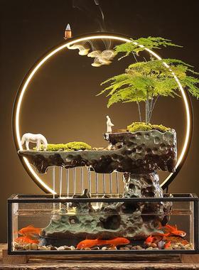 陶瓷假山流水玻璃鱼缸创意摆件客厅办公室桌面循环水生财乔迁礼品