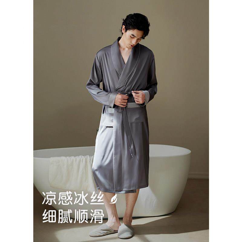 高端2026新款真丝绸男士睡袍春秋款冰丝长袖睡衣浴袍大尺码一体式