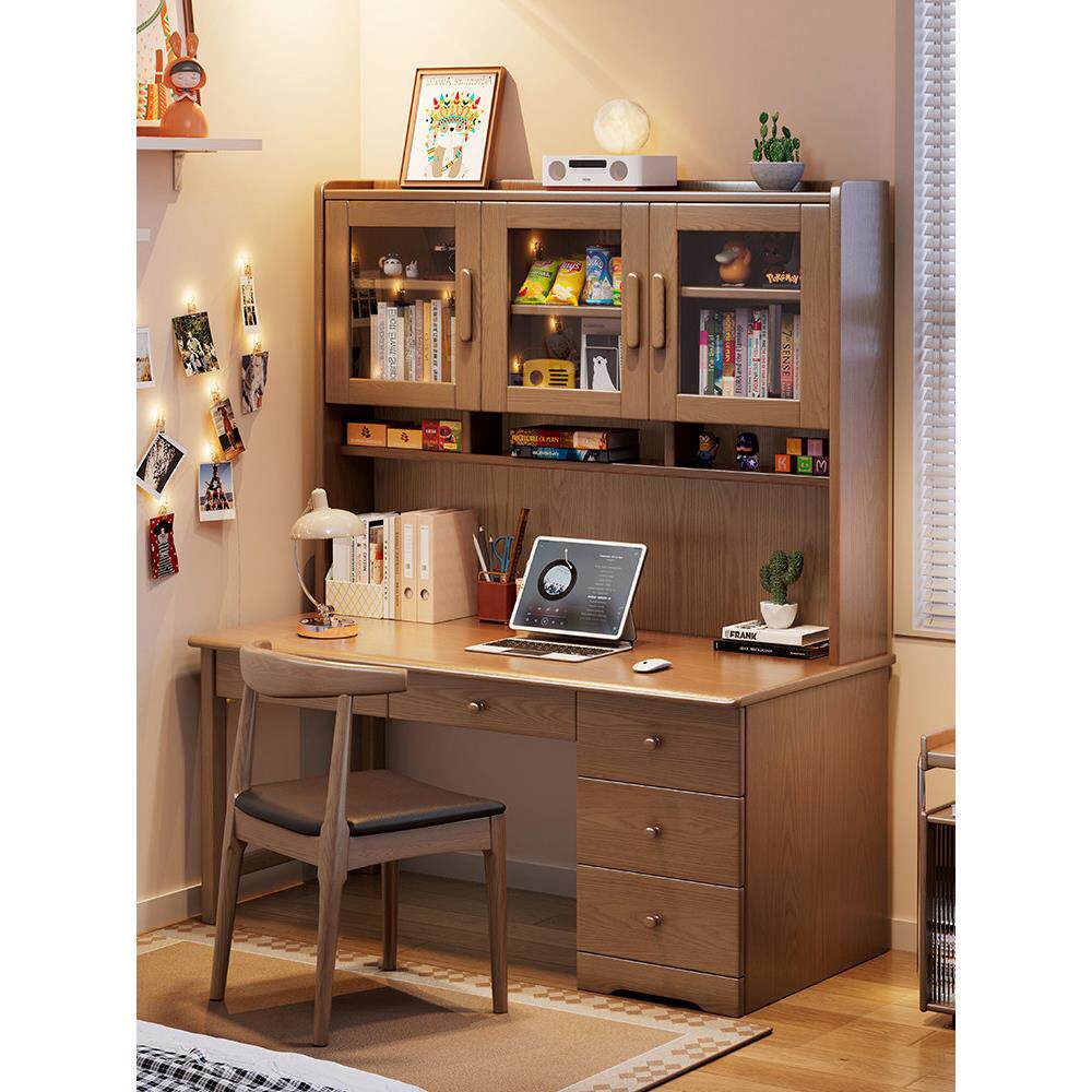 实木书桌电脑桌带书架书柜一体组合儿童学习桌卧室学生写字桌家用