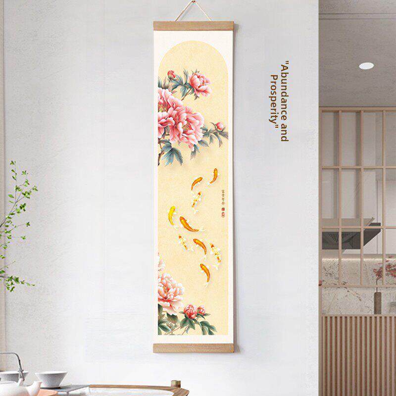 水墨宣言 新中式卷轴画挂画牡丹九鱼图富贵呈祥年年有余吉祥墙画