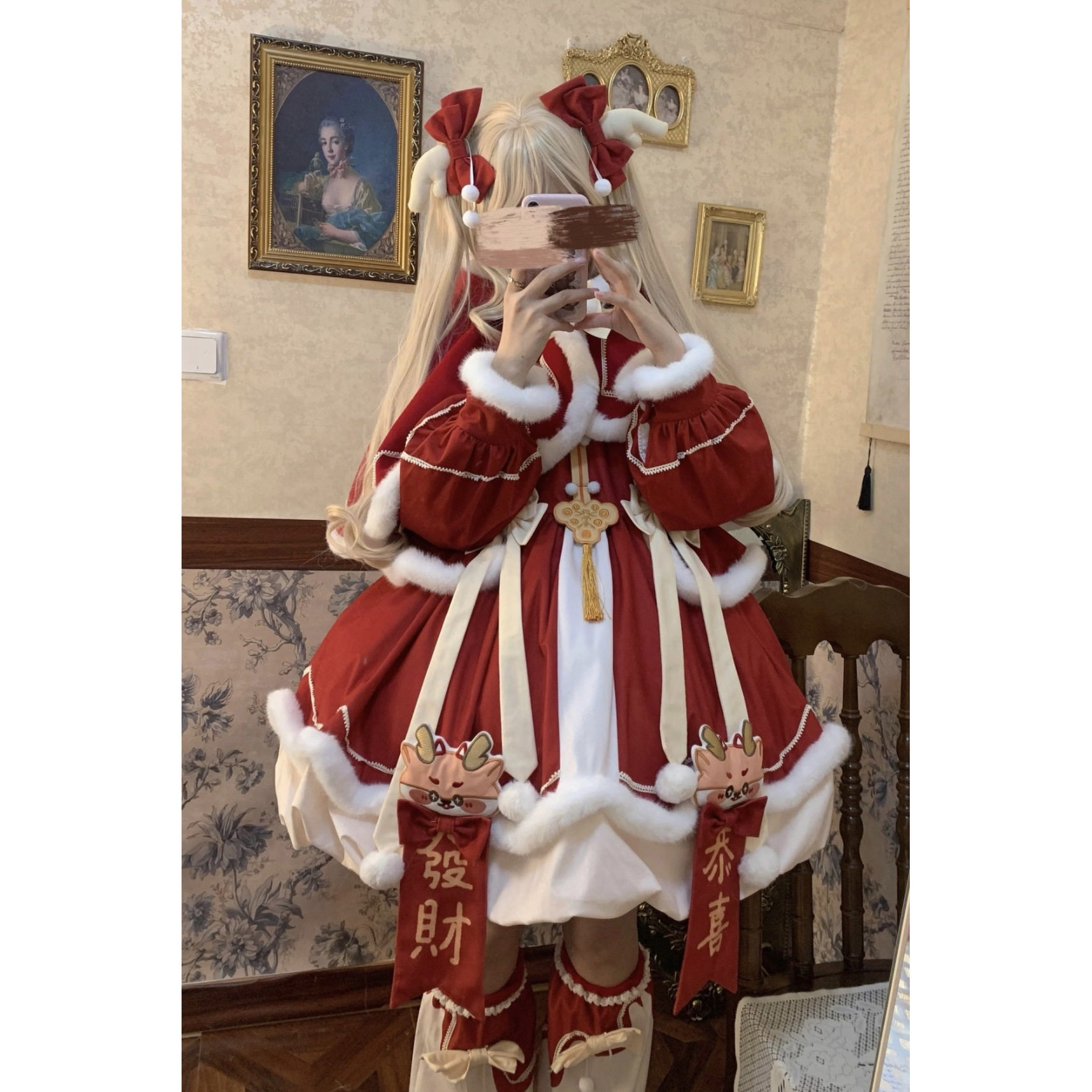 儿童拜年服战袍小福兽洛丽塔蓬蓬裙圣诞节长袖连衣裙新年战衣套装
