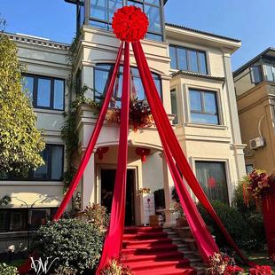 农村乔迁庭院大红花红绸布幔婚礼堂装饰布置结婚宴棚顶挂布红布条