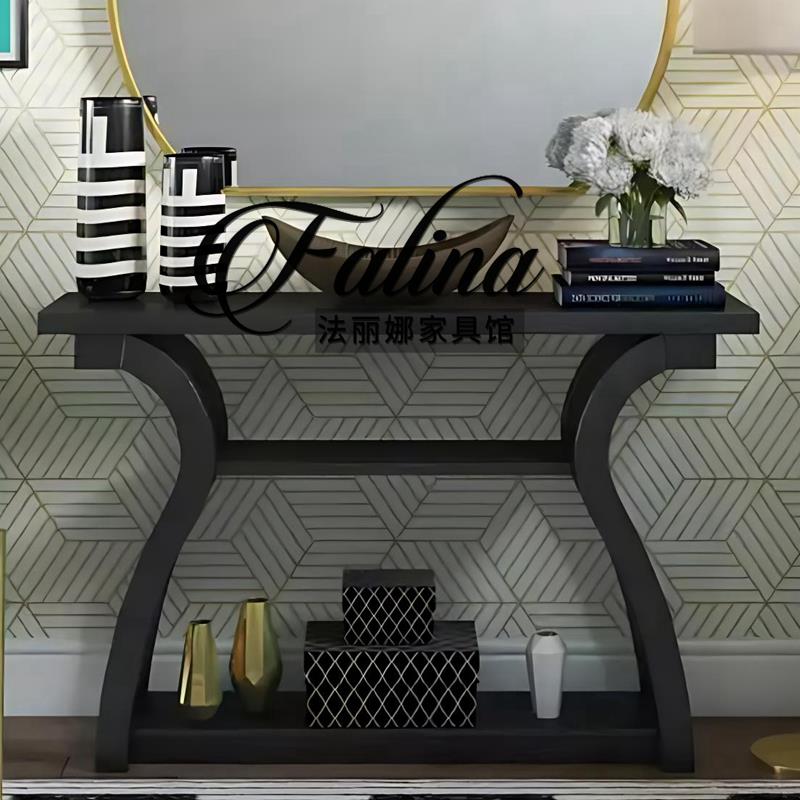 法式复古玄关台实木黑色入户正对门过道玄关桌简约极窄案台端景台