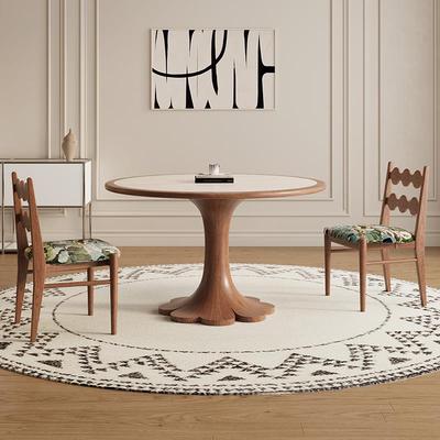 德利丰实木岩板餐桌小户型法式奶油中古风家用内嵌圆形圆桌饭桌子