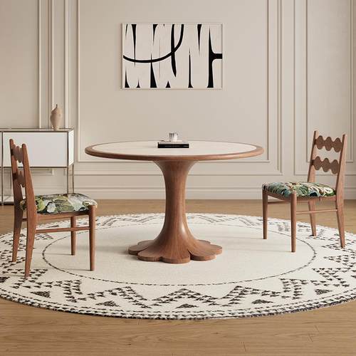 德利丰实木岩板餐桌小户型法式奶油中古风家用内嵌圆形圆桌饭桌子