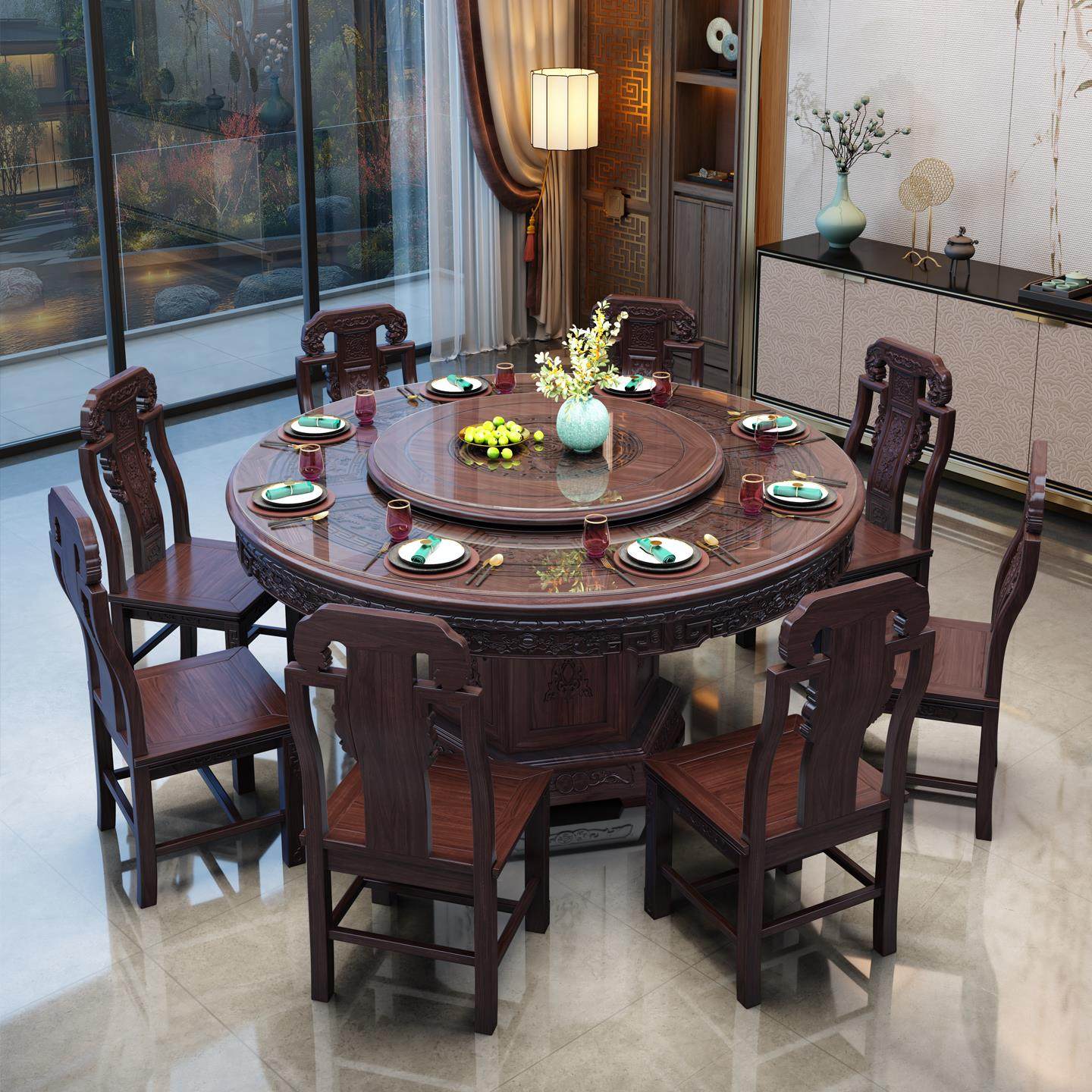 实木餐桌椅组合新中式家用圆形带转盘酒店大圆桌花梨木圆形餐桌椅