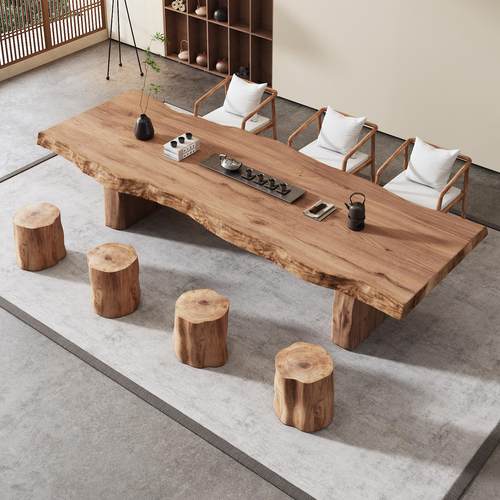 全实木大板泡茶桌茶台美式洽谈桌椅组合原木侘寂风餐桌会议桌长桌