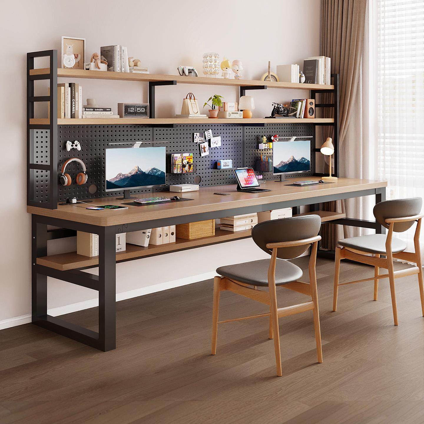 实木电脑桌双人工作台家用卧室书桌书架一体桌子洞洞板学生学习桌