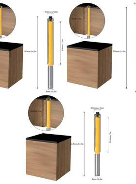 3PC 8MM柄出口加长修边刀8*12.7*  50.8 63.5 76.2黄色雕刻机铣刀