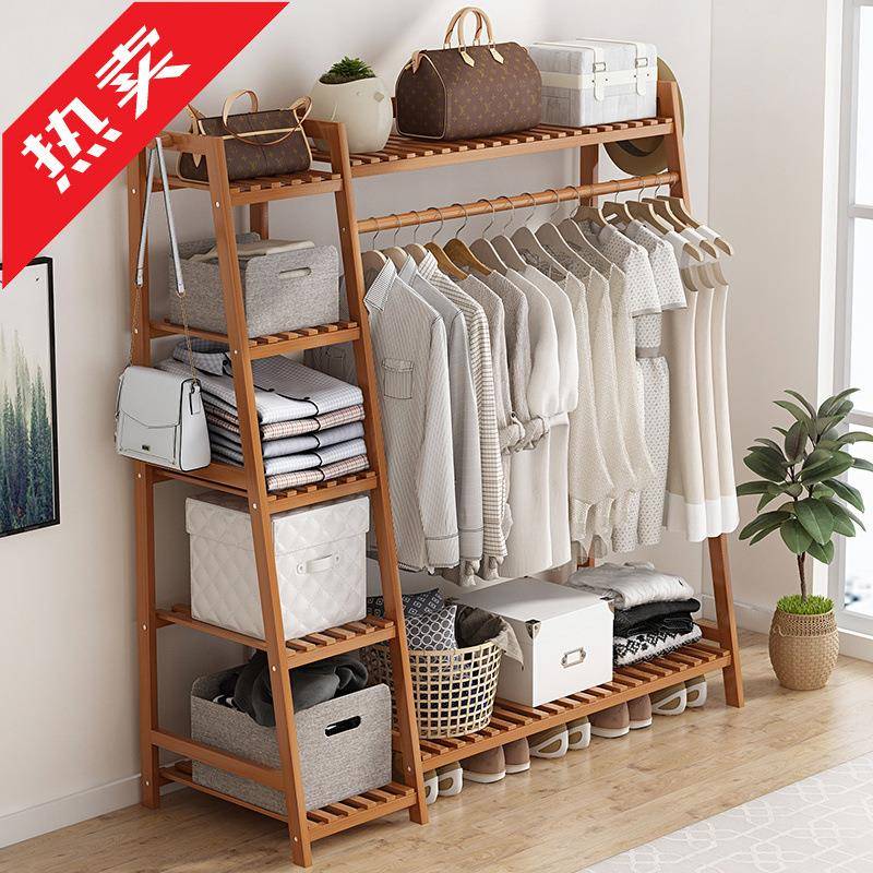 挂衣架落地置物架卧室简易衣柜收纳架竹子衣帽架多功能挂衣服架子