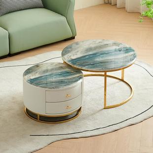 L7然天奢石圆形413茶几可伸缩大用理石超晶石茶桌客微厅家简约晶