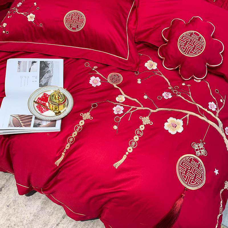 简约纯色100长刺绒棉大日红婚庆梅花绣四件套常JL全棉婚假支结婚