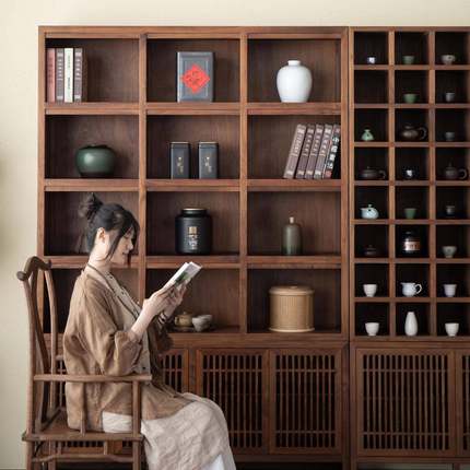 7K新中式满墙复古书柜组合黑胡桃木置物架实木禅意多宝阁博古