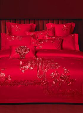 140s支全棉长绒棉婚庆四件套被套大红色床上用品新中式结婚十件套