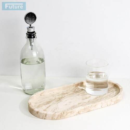 复古侘寂风天然米白洞石大理石托盘首饰收纳盘客厅桌面装饰样板间