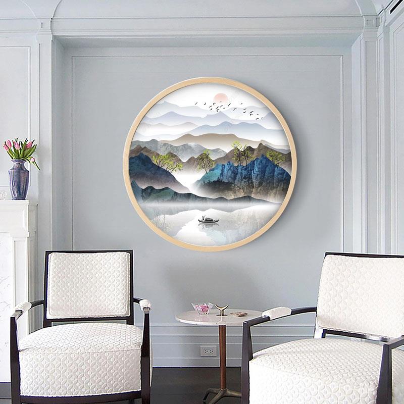 定制圆形新中式山水玄关背景墙纸抽象意境水墨壁纸壁画8D客厅墙布