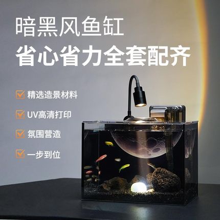 暗黑系创意造景鱼缸全套造景小型桌面超白玻O璃客厅家用自循环射