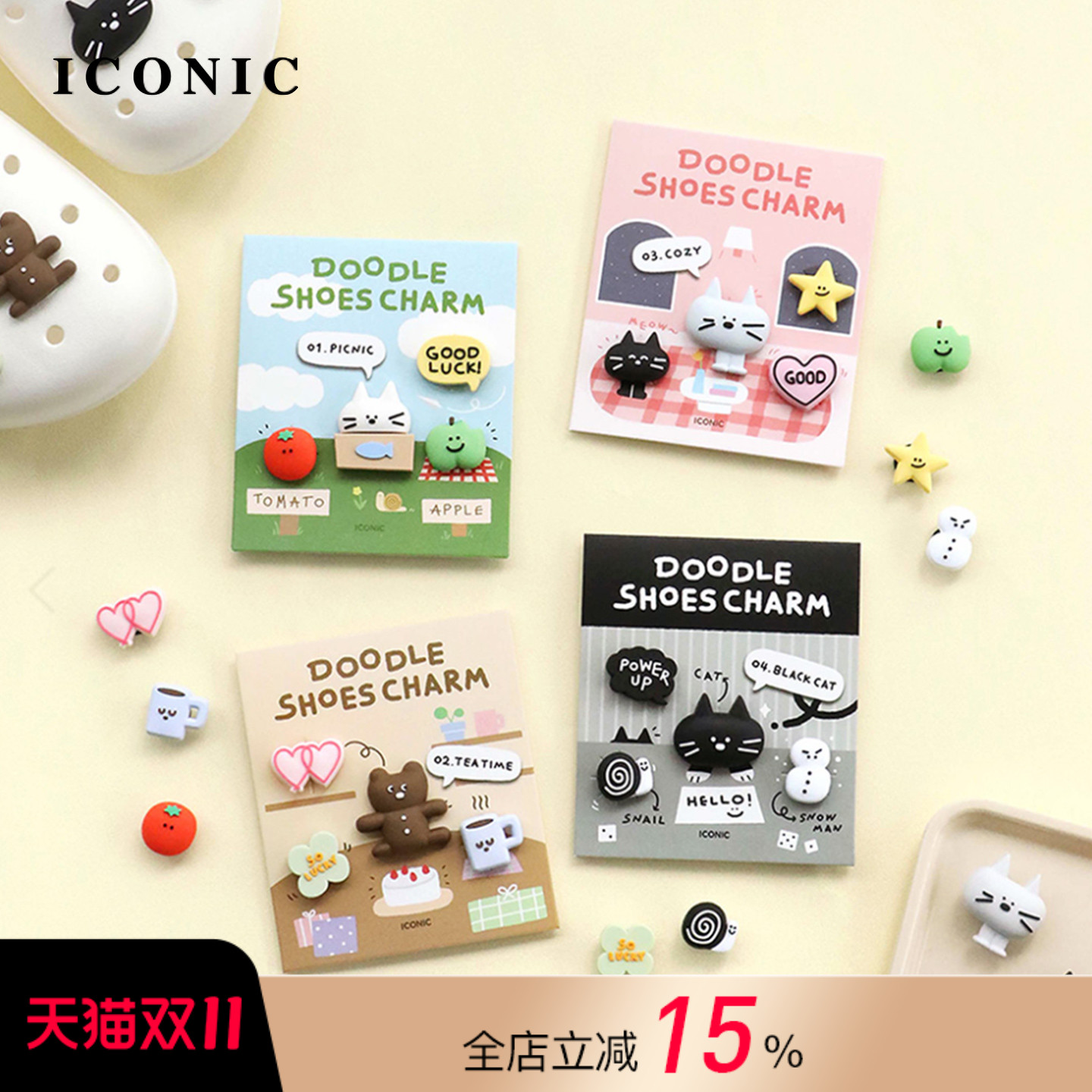 韩国ICONIC涂鸦风洞洞鞋鞋花时尚配饰猫咪小熊造型可爱野餐茶歇休闲图案男女个性DIY卡通成人儿童