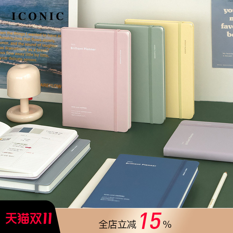 【5折特惠】2025年韩国ICONIC Brilliant周记型竖式时间轴A5变型手帐日程管理笔记本仿皮硬面封皮绑带工作簿