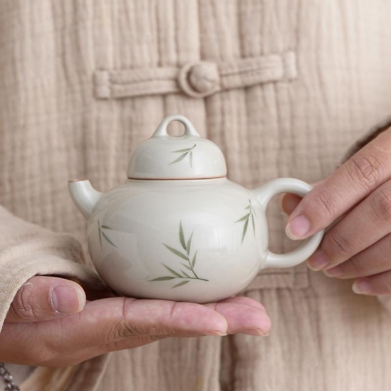 冰台手绘筱竹圆满壶陶瓷茶壶釉下彩竹叶壶家用泡茶壶可爱壶小壶