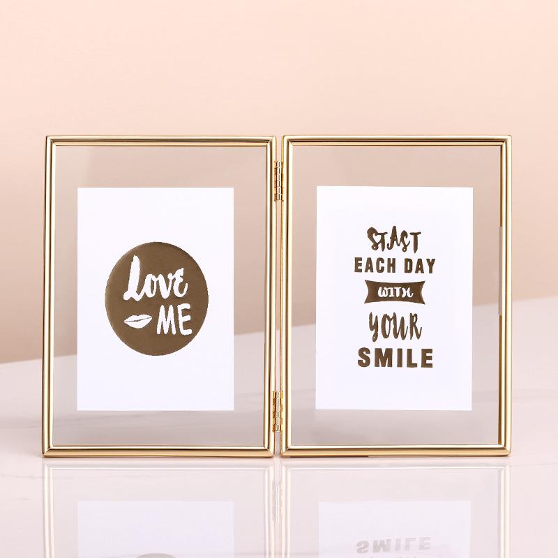 折叠两联双面金属水晶玻璃相框摆台创意个性照片摆件5寸6寸7寸8寸