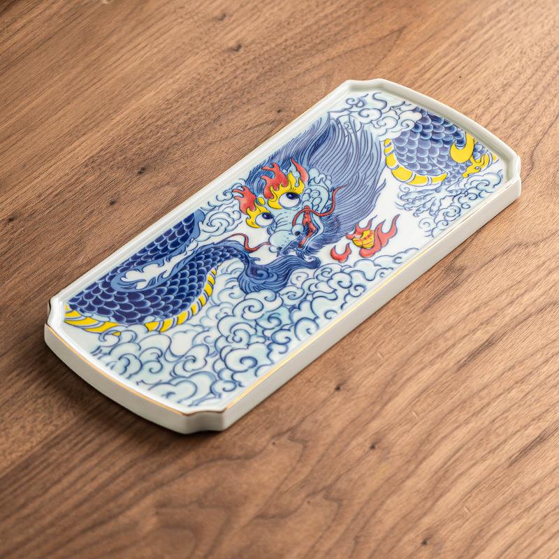 厂家兴隆祥龙描金茶台茶盘客厅小型功夫茶具陶瓷干泡盘壶承干泡台