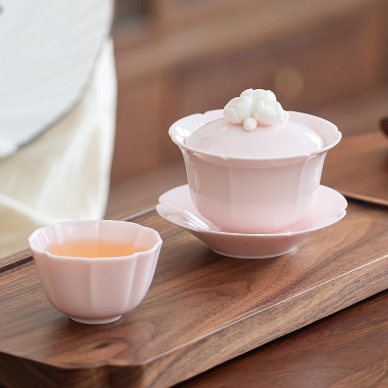三才盖碗茶杯功夫茶具家用陶瓷大号粉色女士茶碗套装旅行捏花茶壶