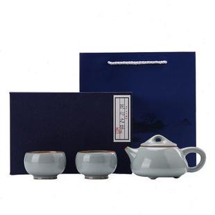 陶瓷一壶二杯开片冰裂复古家用功夫茶具高端礼品 天青汝窑茶壶套装