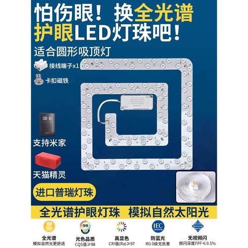 进口普瑞方形Led换芯光源模组护眼全光谱灯面板三色吸顶灯