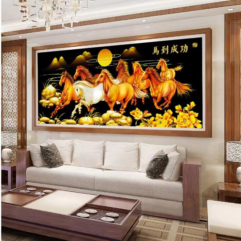 纯手工十字绣成品马到成功八骏全图新中式客厅装饰画带框装裱出售
