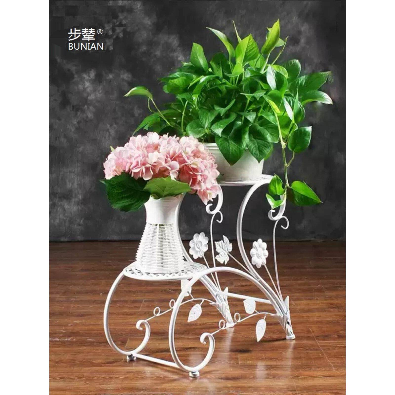 欧式铁花架多层客厅阳台地板白色地板站立Pothos蜘蛛兰花花盆架黑