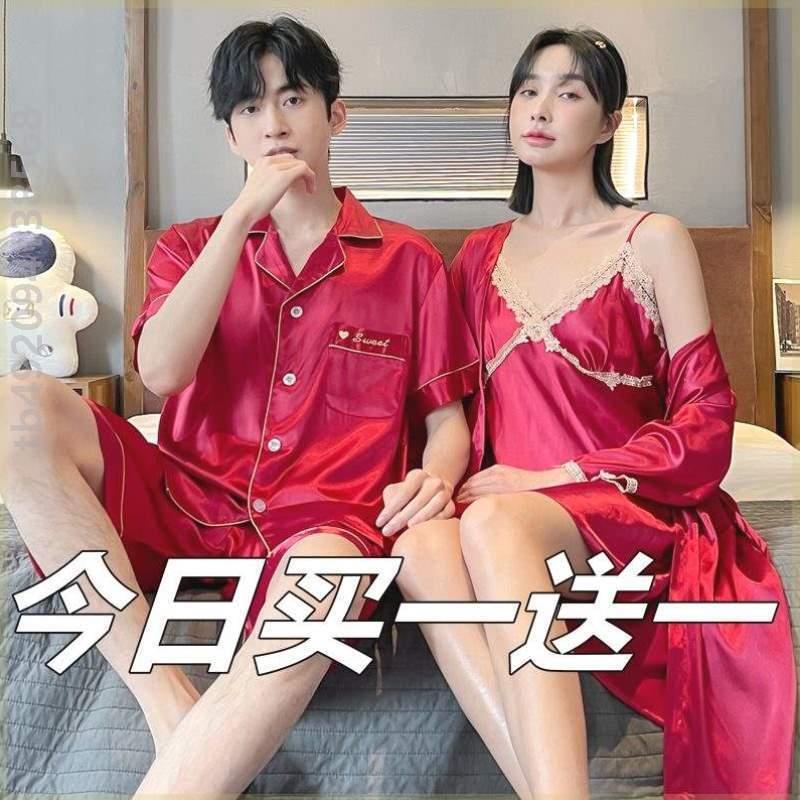 丝绸男冰丝睡袍夏季结婚}情侣女薄款情侣真丝春秋红色睡裙睡衣长