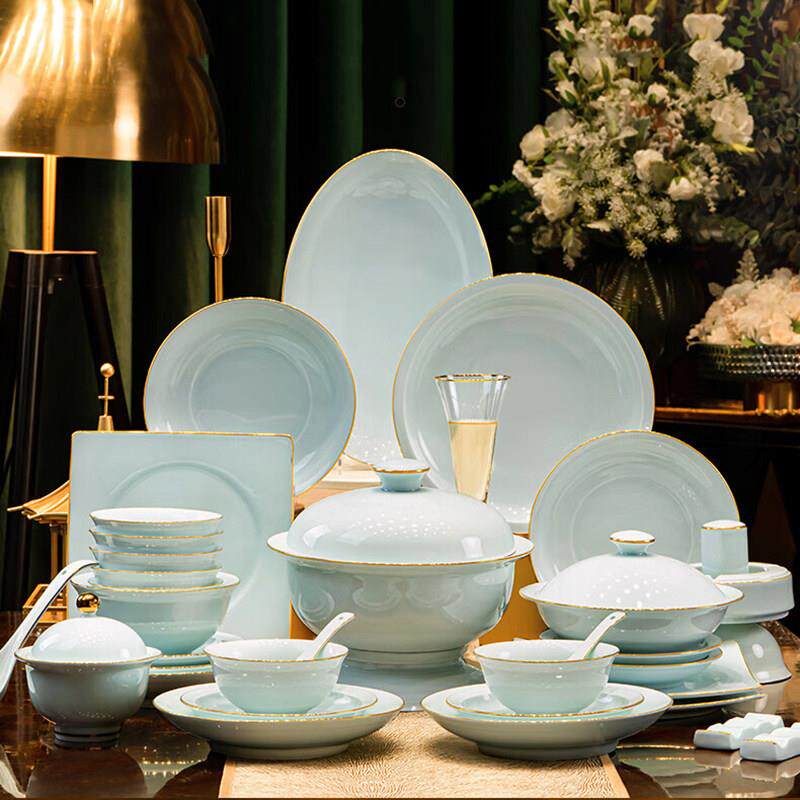 新款景德镇青瓷餐具碗碟套装家用高级感轻奢高档陶瓷碗盘乔迁送礼