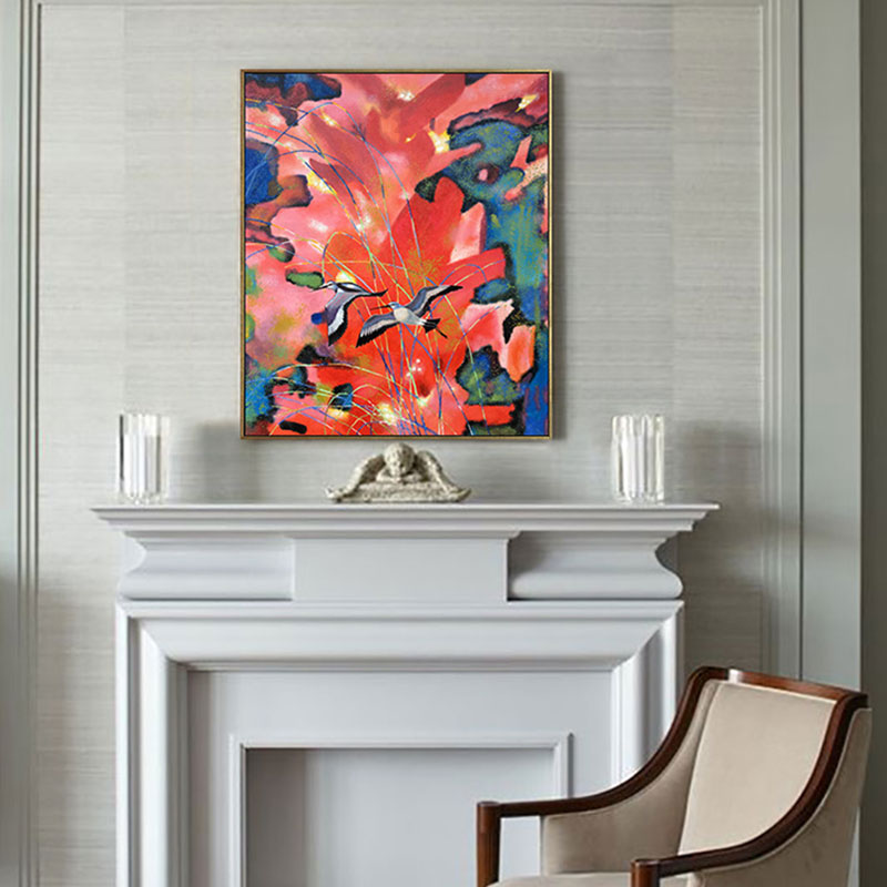 四合艺术 红色基调花鸟手绘油画心喜雀跃 轻奢枫客厅玄关装饰画