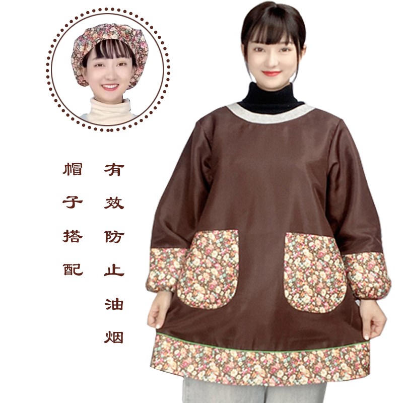 长袖耐脏围裙防水防油厨房家用服务员中长款特色民族风中式罩衣