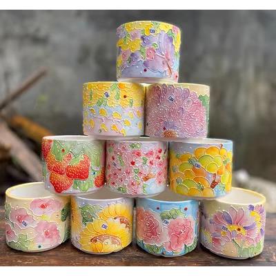 手绘清新濑户烧直笔筒红陶白泥透气吸水多肉小老庄高花盆口7/8/9